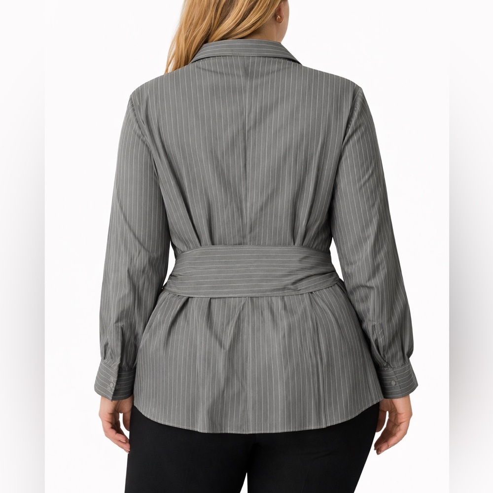 Talbots Gray Pinstripe Wrap Blouse - Picture 3 of 10